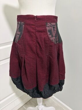 Burgundy and Black Corduroy Bubble Hem Skirt Made in Europe